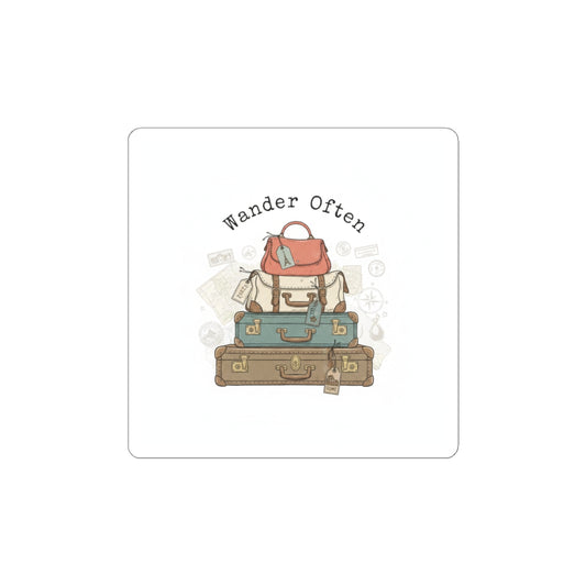 Wander Often vintage luggage stack Kiss-Cut Stickers | travel stamps, postcard nostalgia
