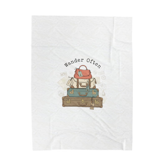 Wander Often vintage luggage stack Velveteen Blanket | travel stamps, postcard vintage