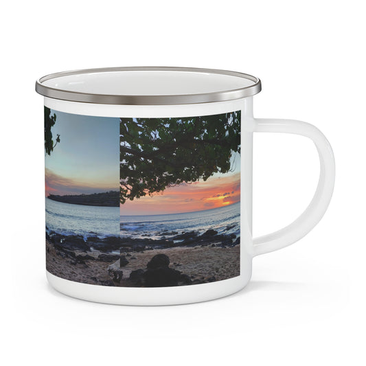 Enamel Camping Mug — Beach Sunset Photo Campfire Coffee Cup