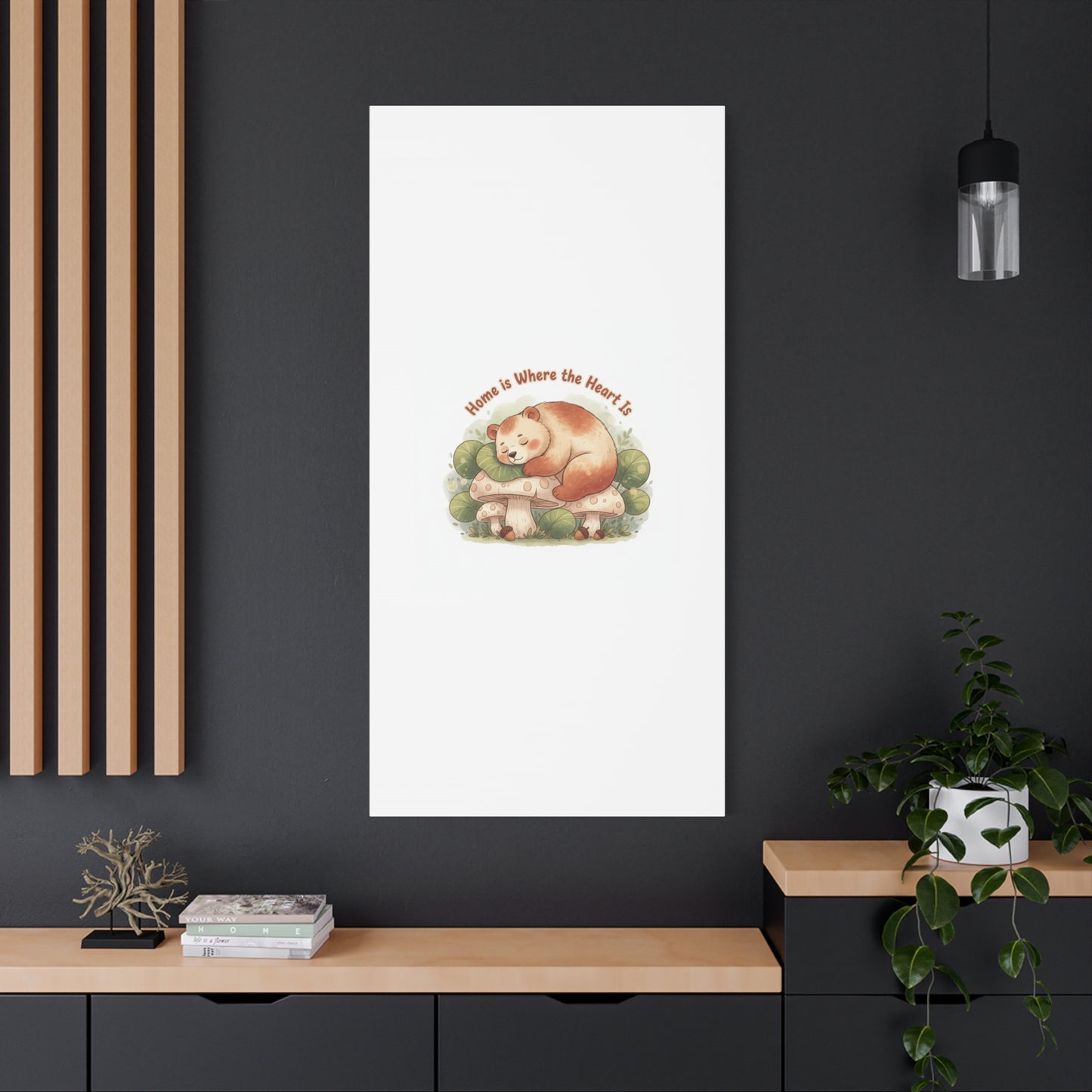 Cozy Sleeping Bear Canvas, winter forest art | cute animal illustration