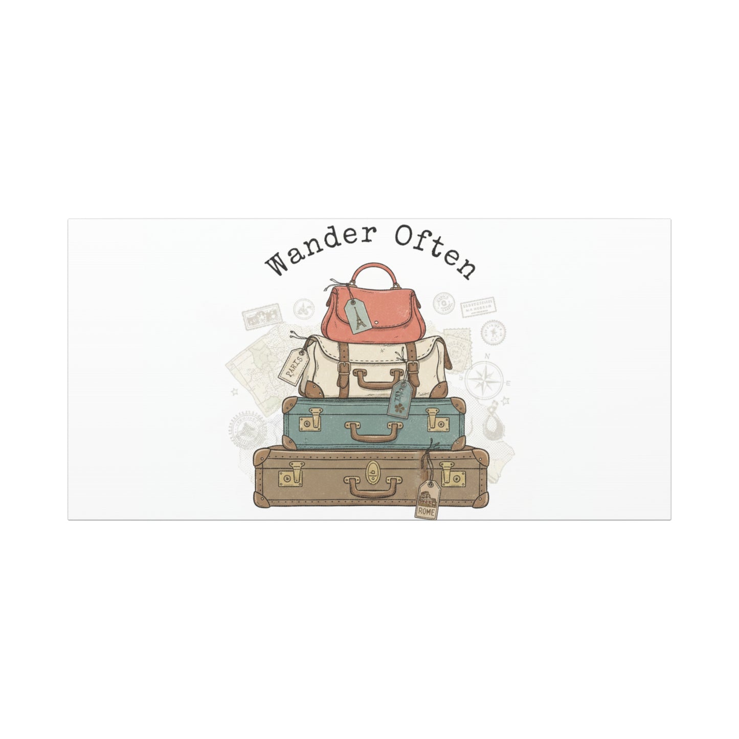 Wander Often Vintage Luggage Stack Canvas, travel stamps | passport stamp wanderlust