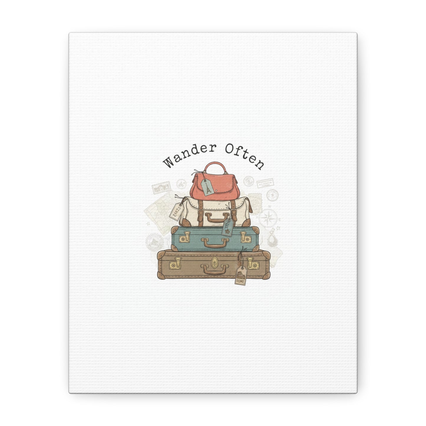 Wander Often Vintage Luggage Stack Canvas, travel stamps | passport stamp wanderlust
