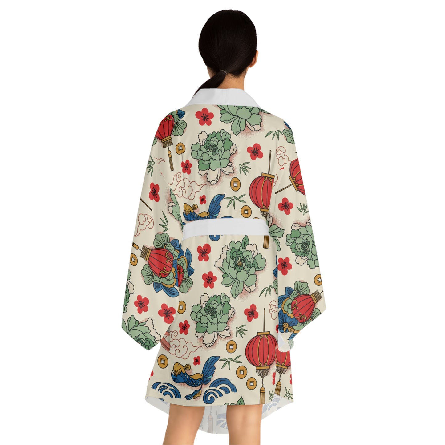 Kimono Robe - Red Lantern & Floral Asian Pattern