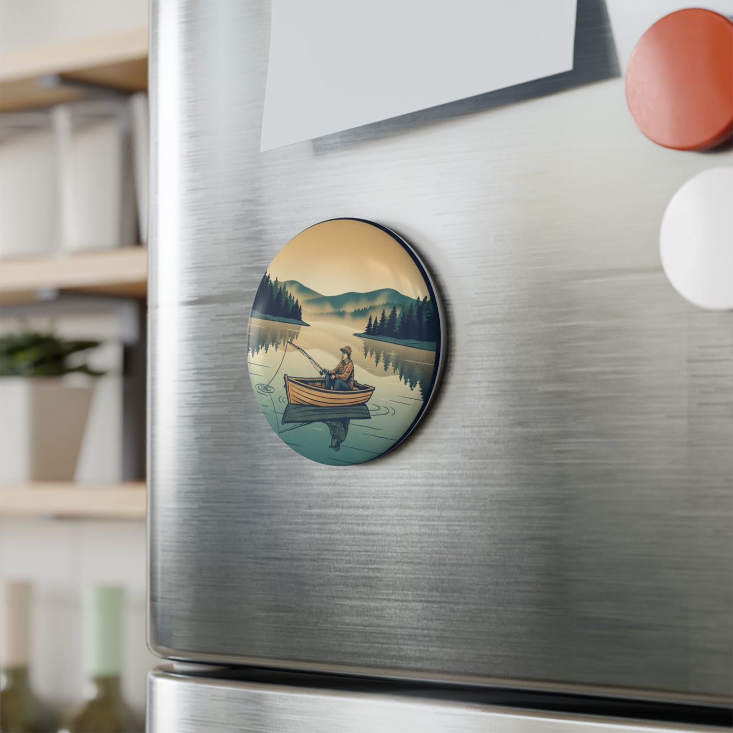 Fishing Lake Button Magnet — Round Camping & Outdoors Refrigerator Magnet