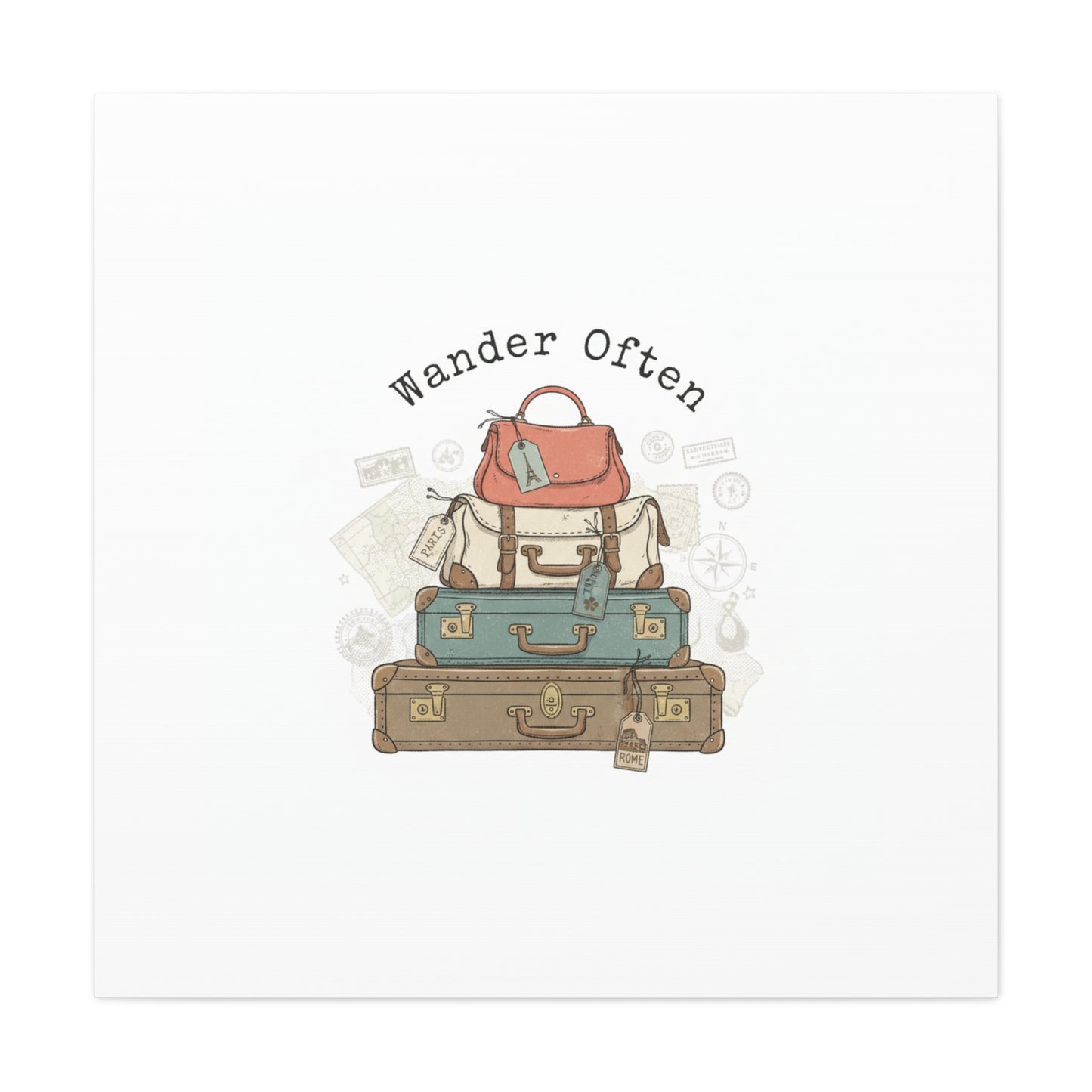 Wander Often Vintage Luggage Stack Canvas, travel stamps | passport stamp wanderlust