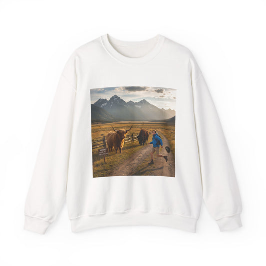 Chased by Buffalo Crewneck Sweatshirt | friendly sarcasm design, soft humor print
