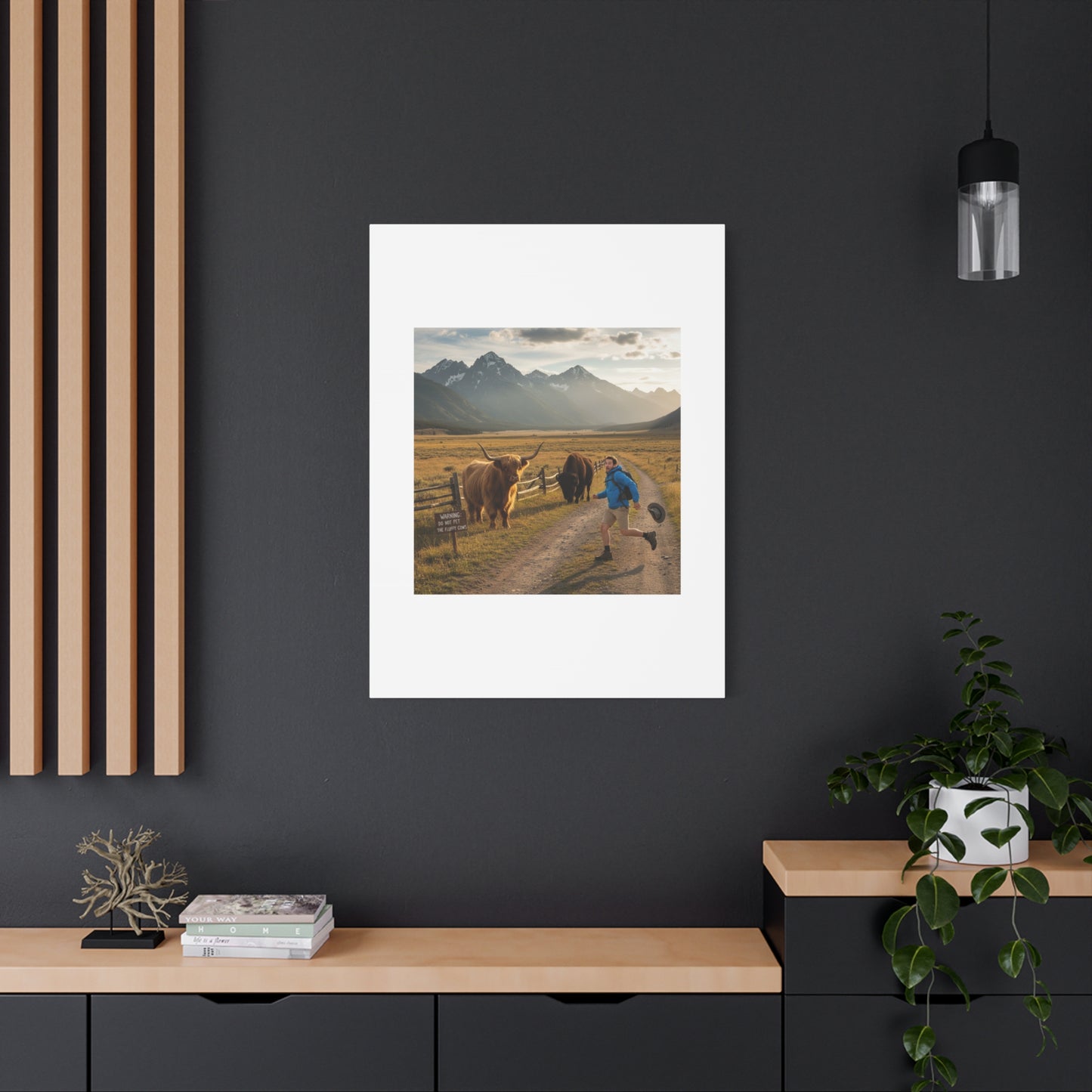 Chased by a Buffalo Canvas | wholesome sarcasm print, soft humor wall art
