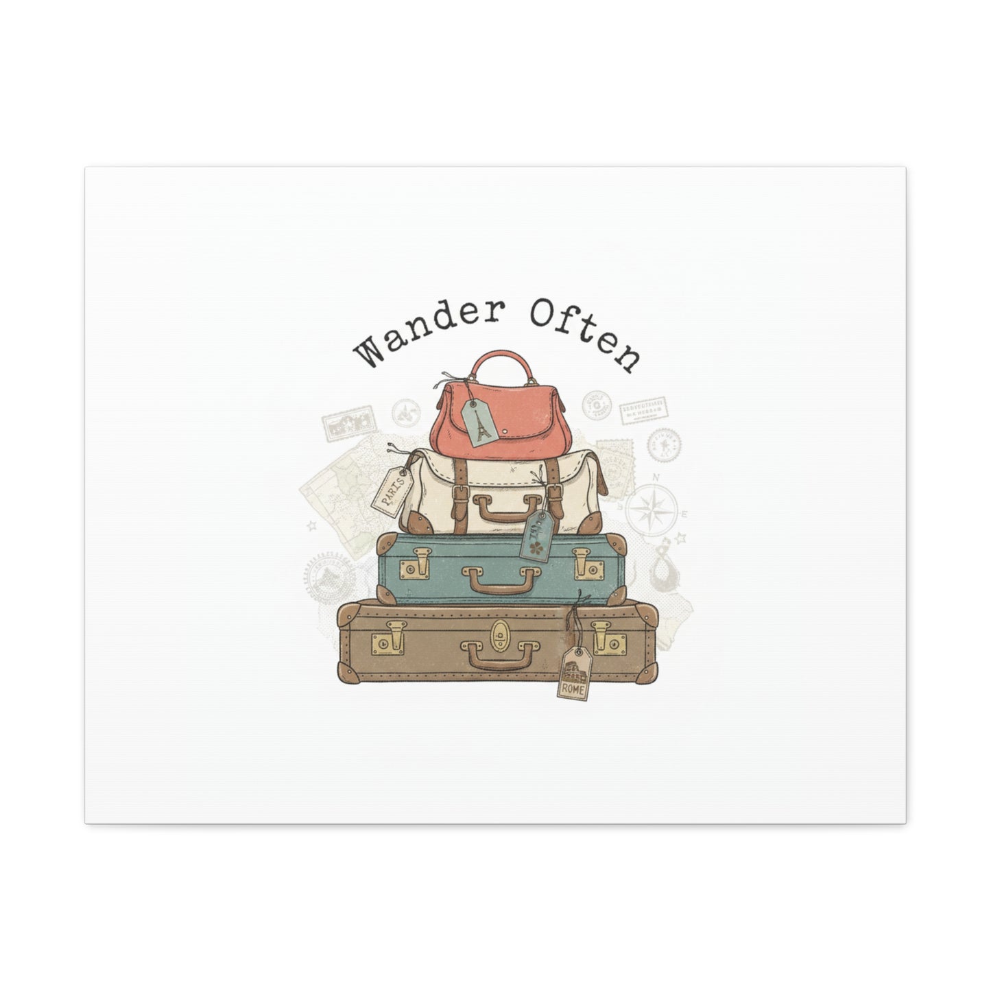 Wander Often Vintage Luggage Stack Canvas, travel stamps | passport stamp wanderlust