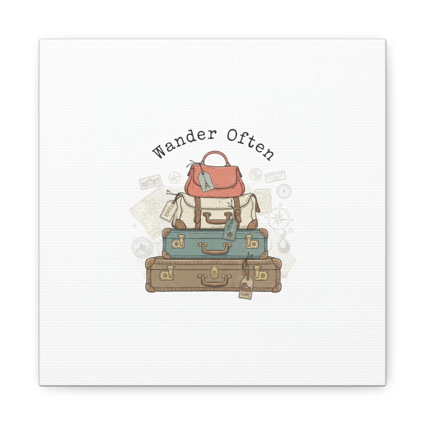 Wander Often Vintage Luggage Stack Canvas, travel stamps | passport stamp wanderlust