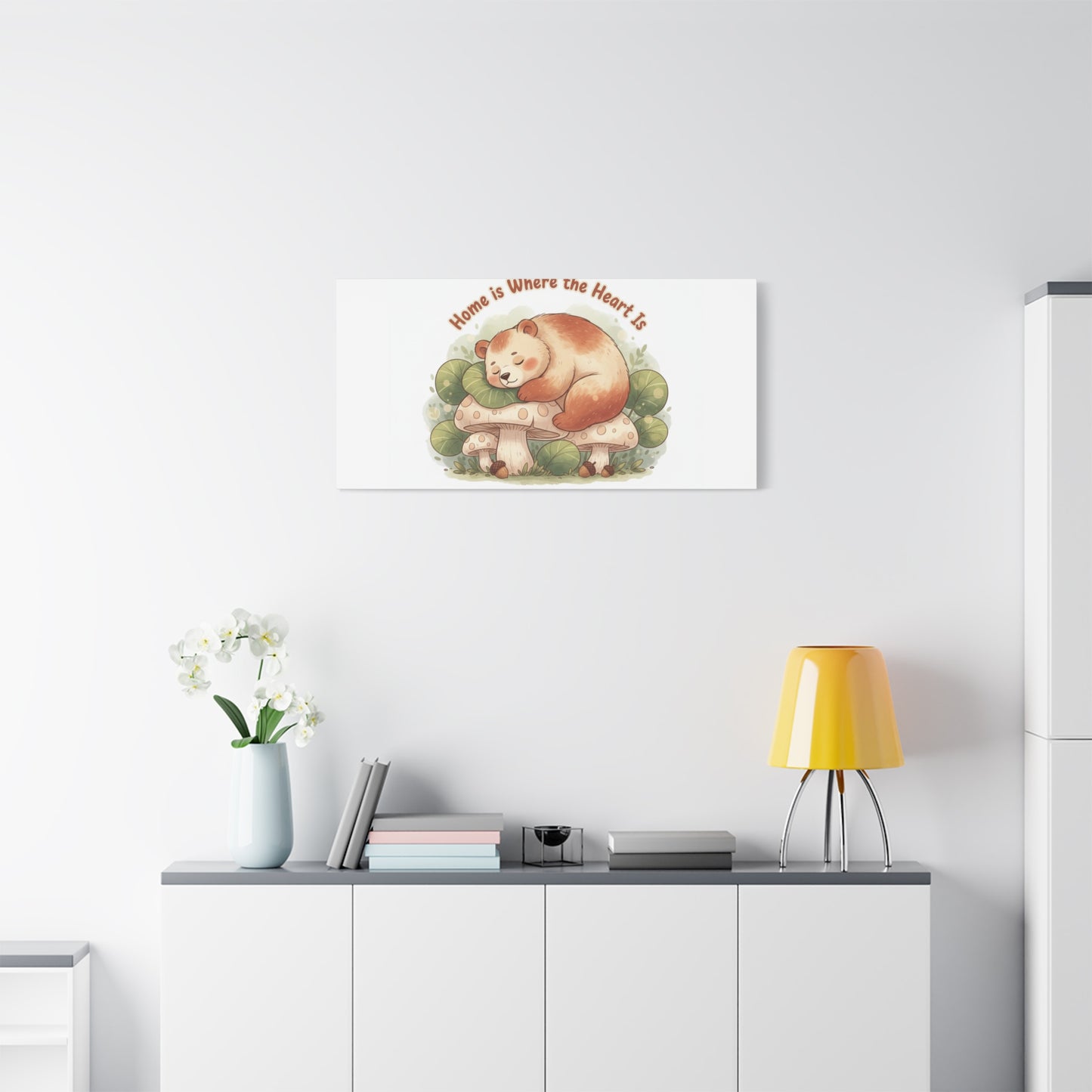 Cozy Sleeping Bear Canvas, winter forest art | cute animal illustration