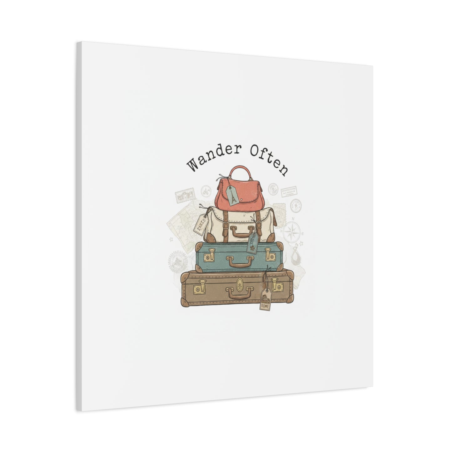 Wander Often Vintage Luggage Stack Canvas, travel stamps | passport stamp wanderlust