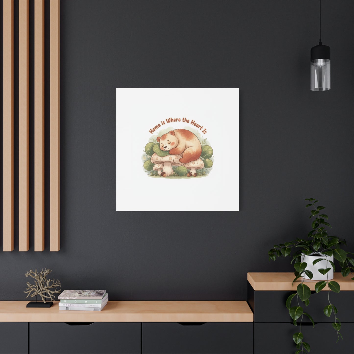Cozy Sleeping Bear Canvas, winter forest art | cute animal illustration