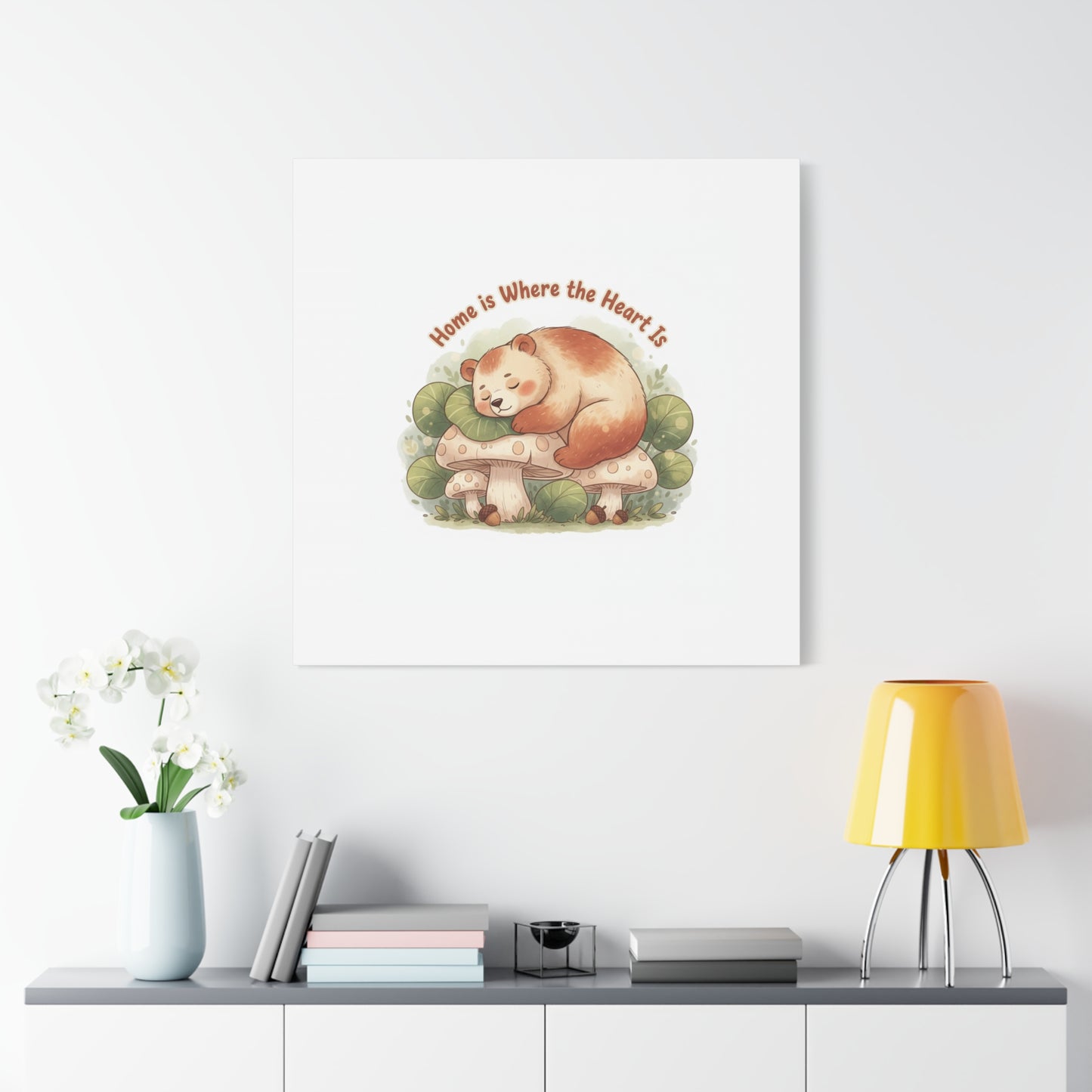 Cozy Sleeping Bear Canvas, winter forest art | cute animal illustration