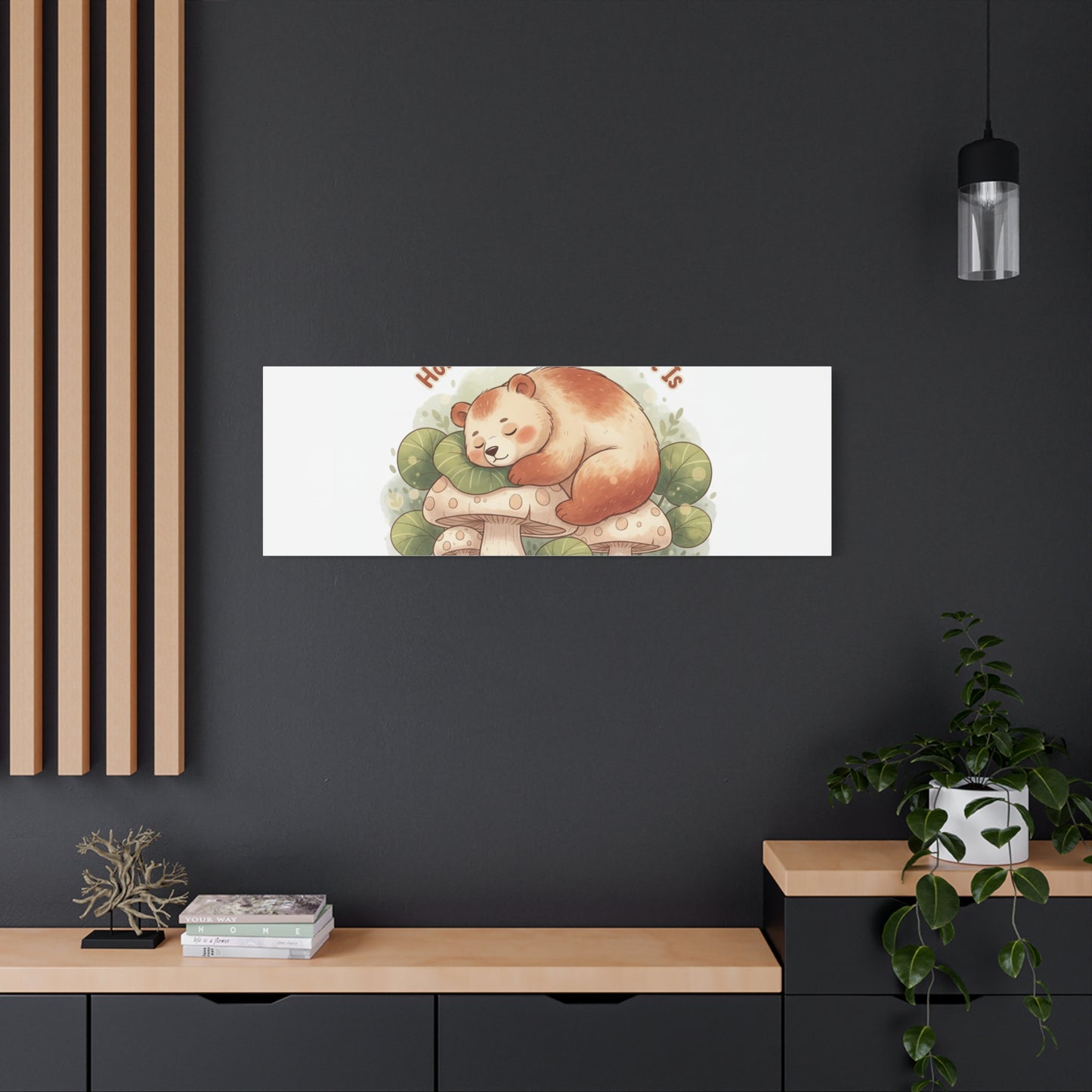 Cozy Sleeping Bear Canvas, winter forest art | cute animal illustration
