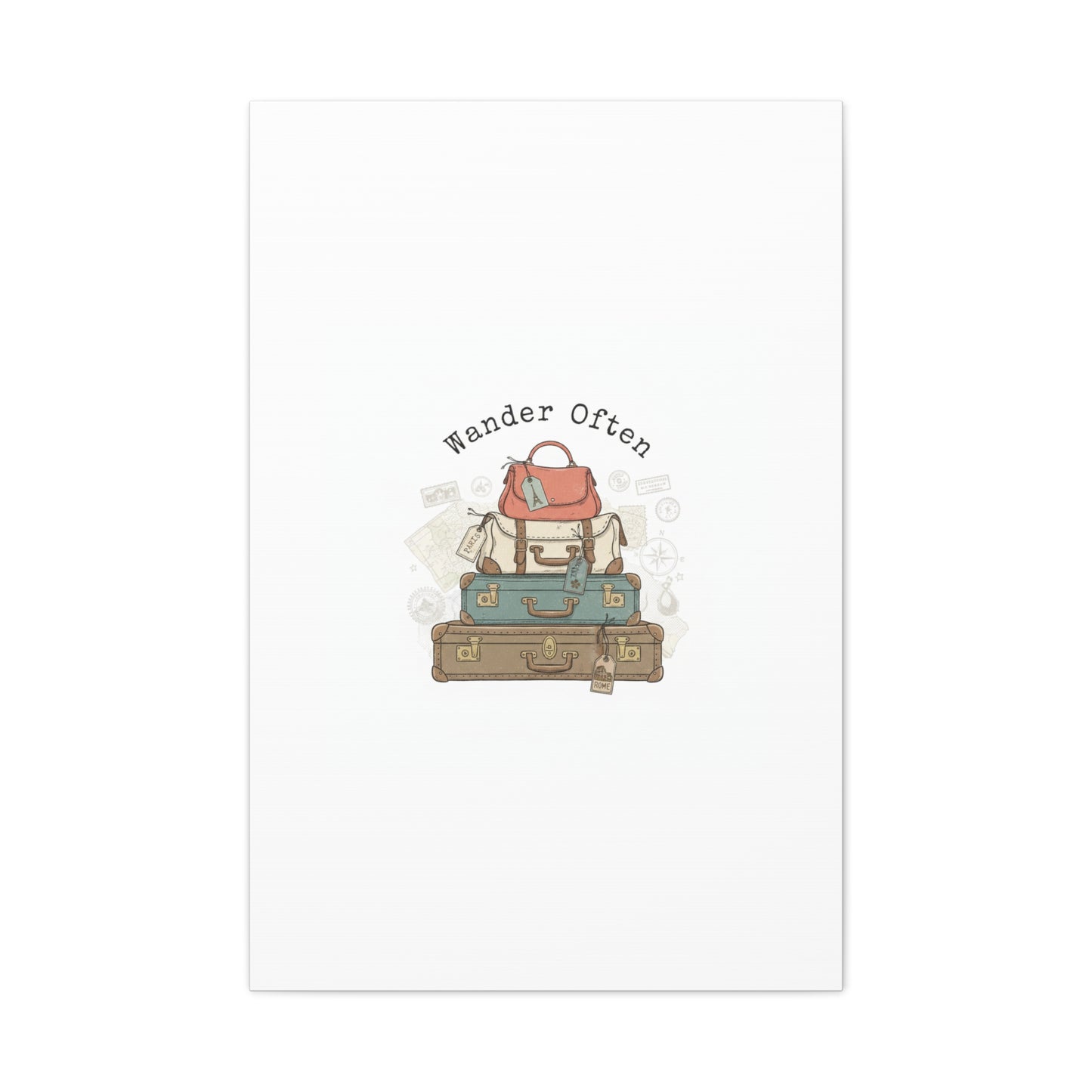 Wander Often Vintage Luggage Stack Canvas, travel stamps | passport stamp wanderlust