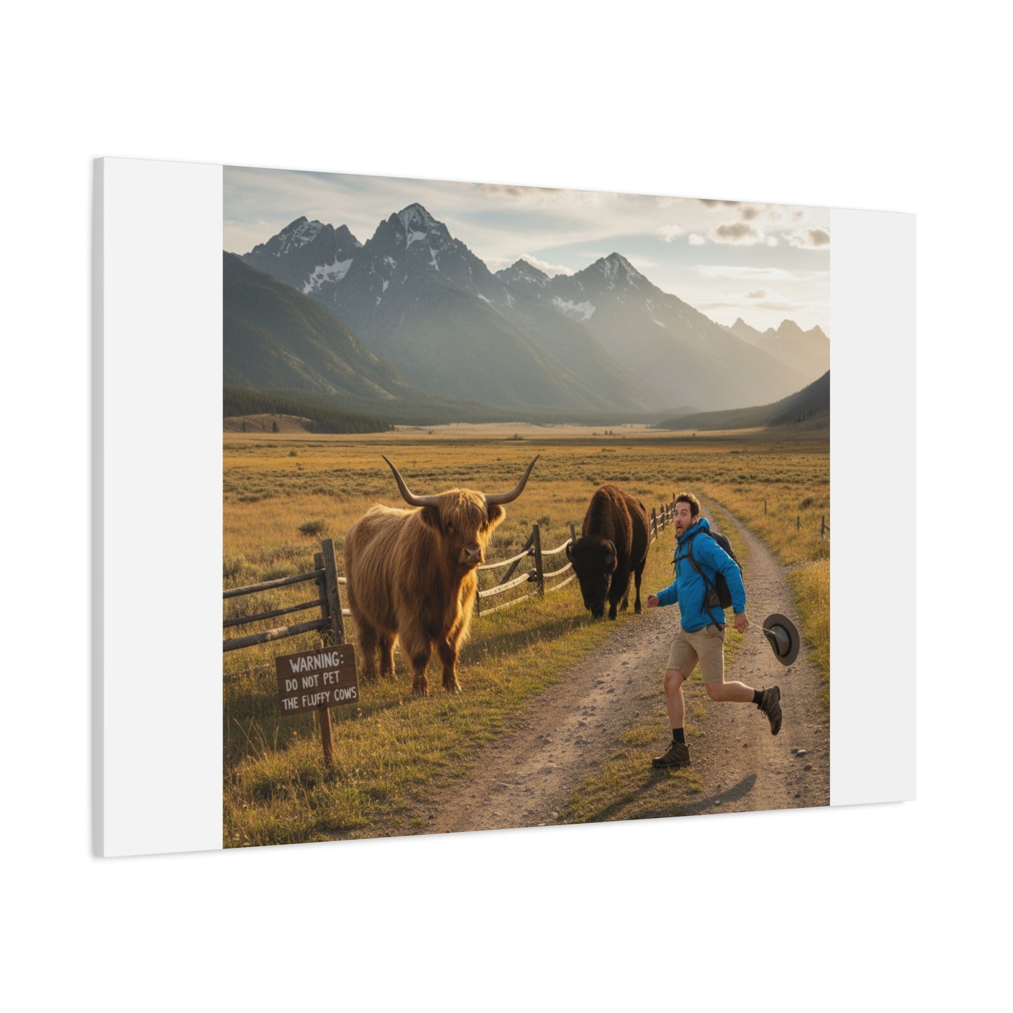 Chased by a Buffalo Canvas | wholesome sarcasm print, soft humor wall art