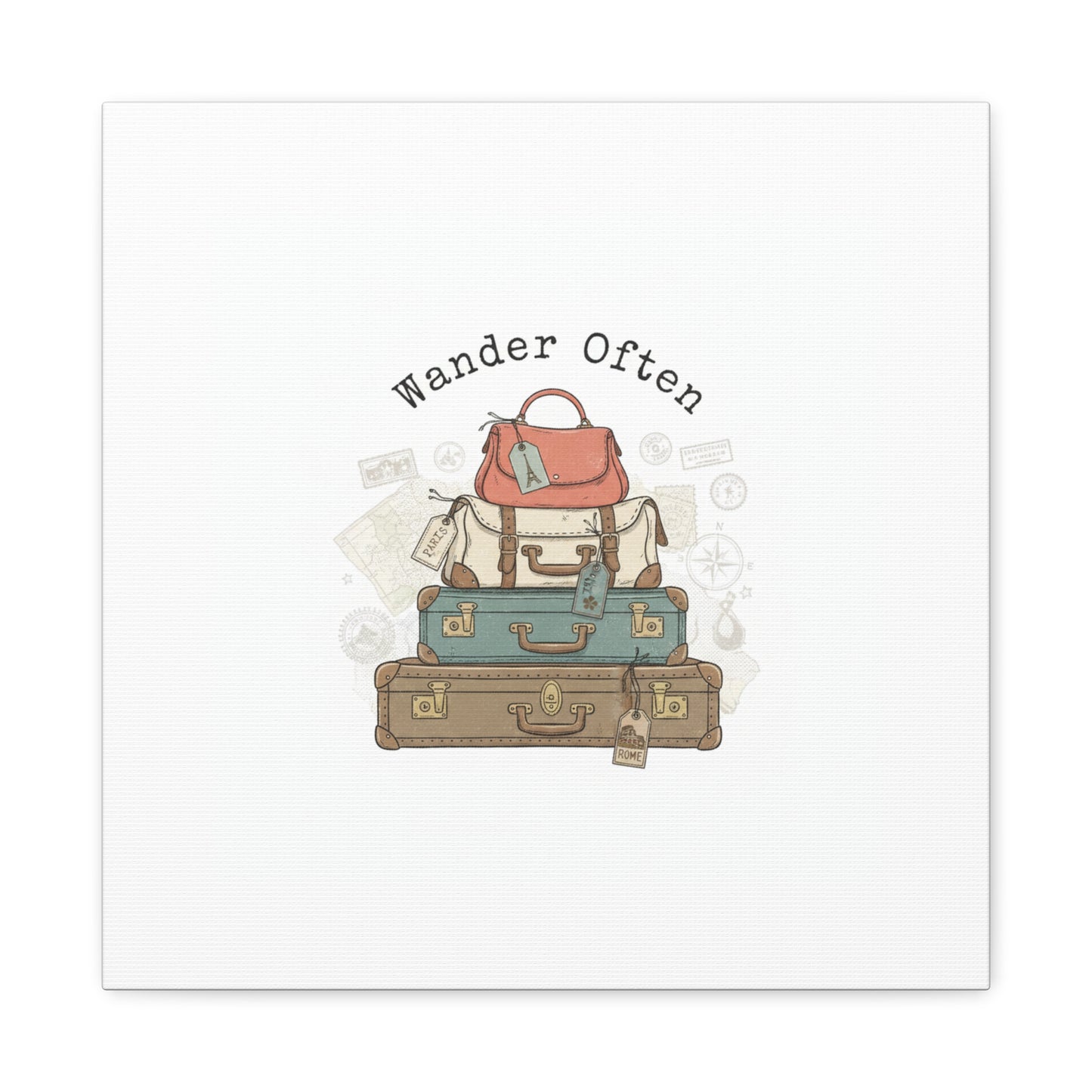 Wander Often Vintage Luggage Stack Canvas, travel stamps | passport stamp wanderlust
