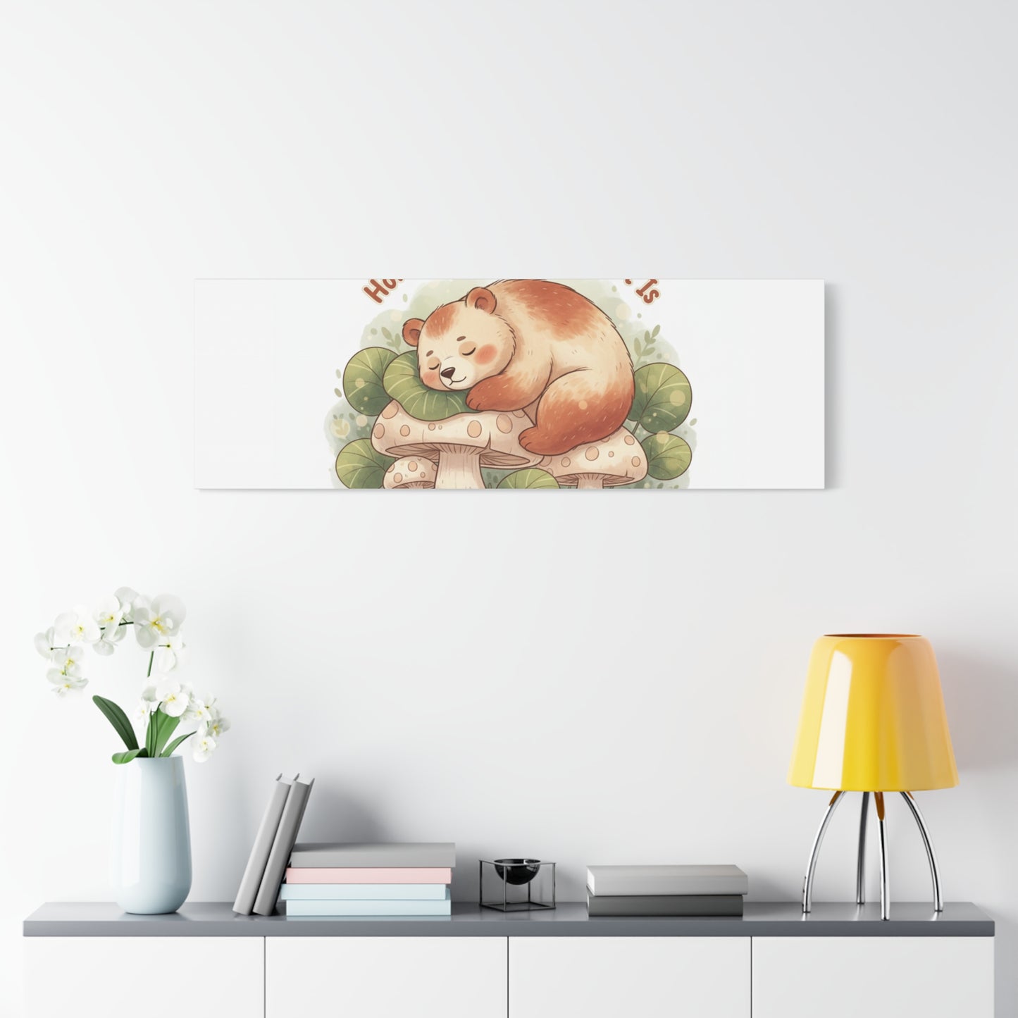 Cozy Sleeping Bear Canvas, winter forest art | cute animal illustration