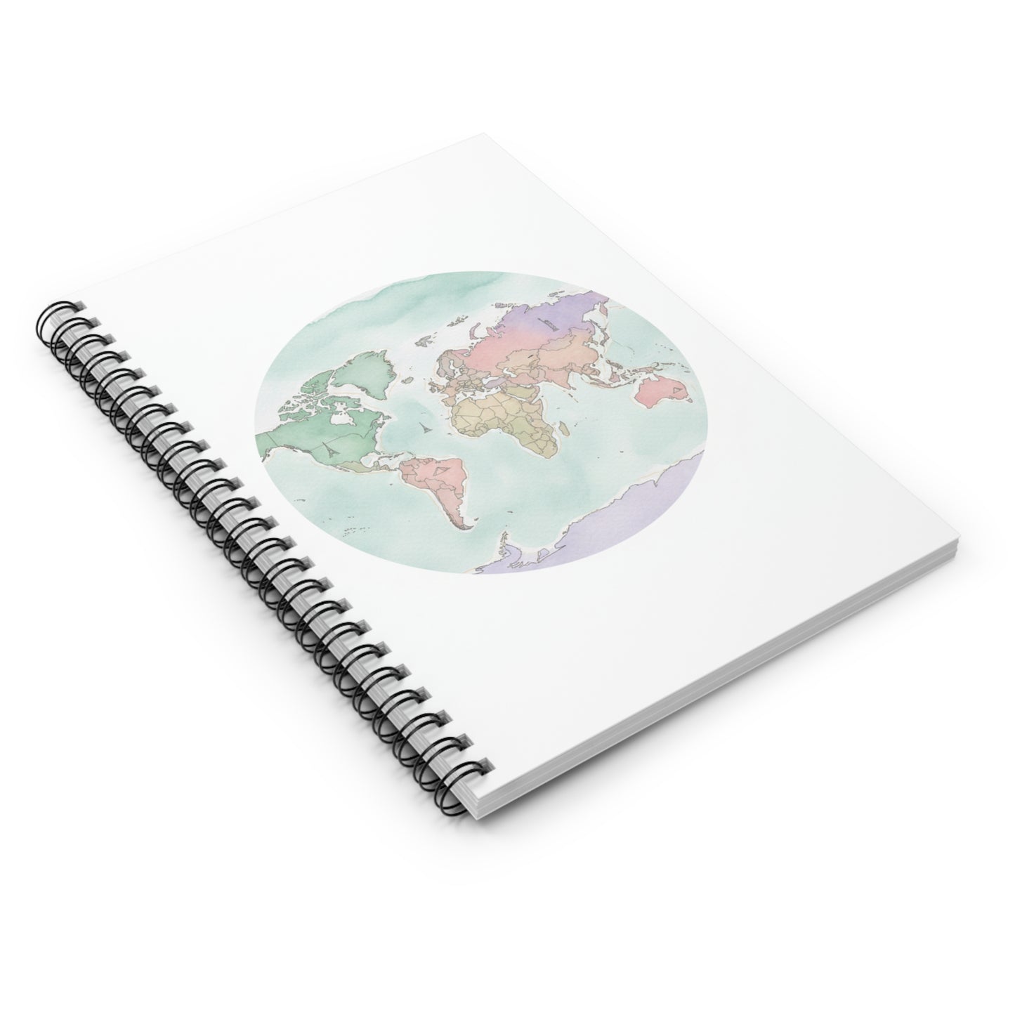 World Map Spiral Notebook — Pastel Watercolor Travel Journal (Ruled)