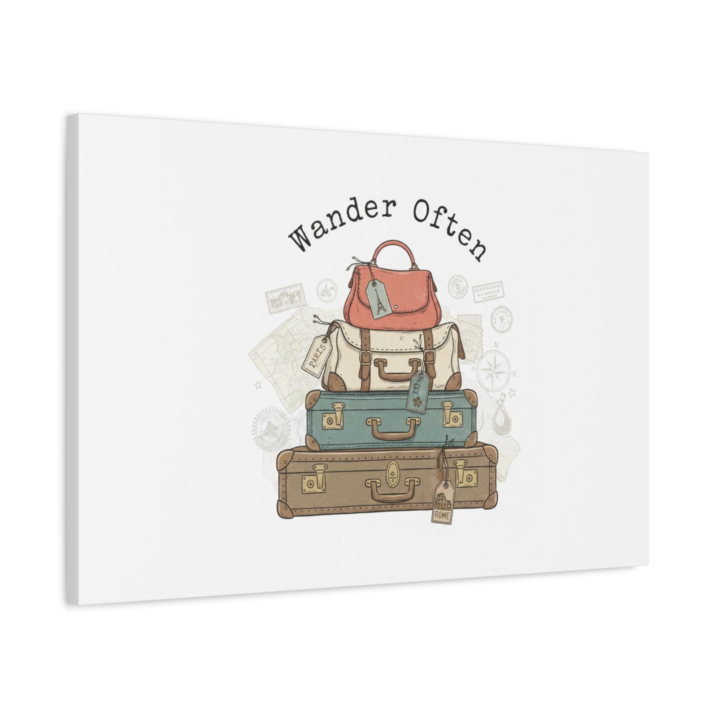 Wander Often Vintage Luggage Stack Canvas, travel stamps | passport stamp wanderlust