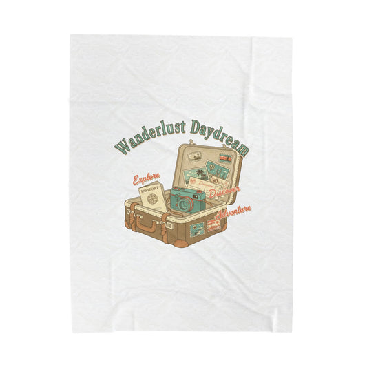 Wanderlust Daydream suitcase design Velveteen Blanket | retro travel, passport stamp vibes