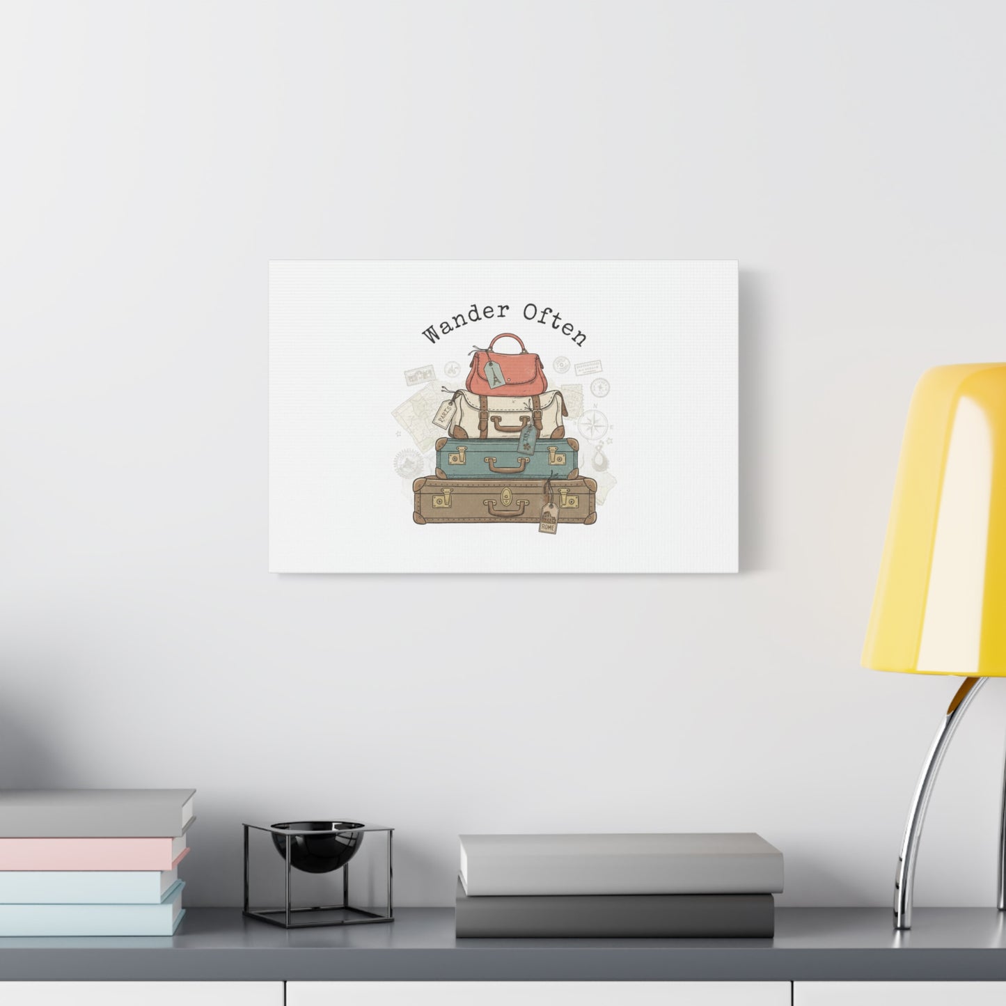 Wander Often Vintage Luggage Stack Canvas, travel stamps | passport stamp wanderlust