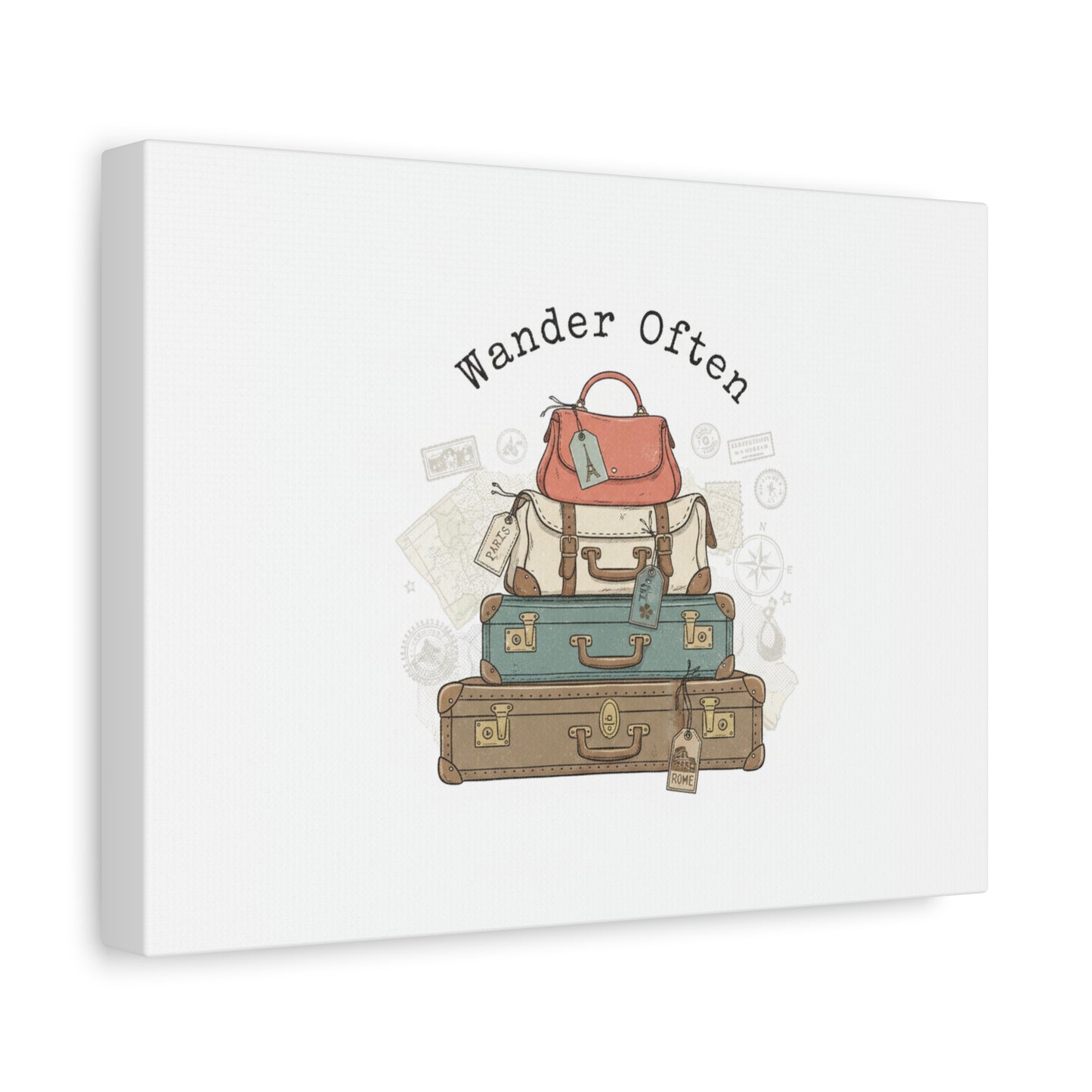 Wander Often Vintage Luggage Stack Canvas, travel stamps | passport stamp wanderlust