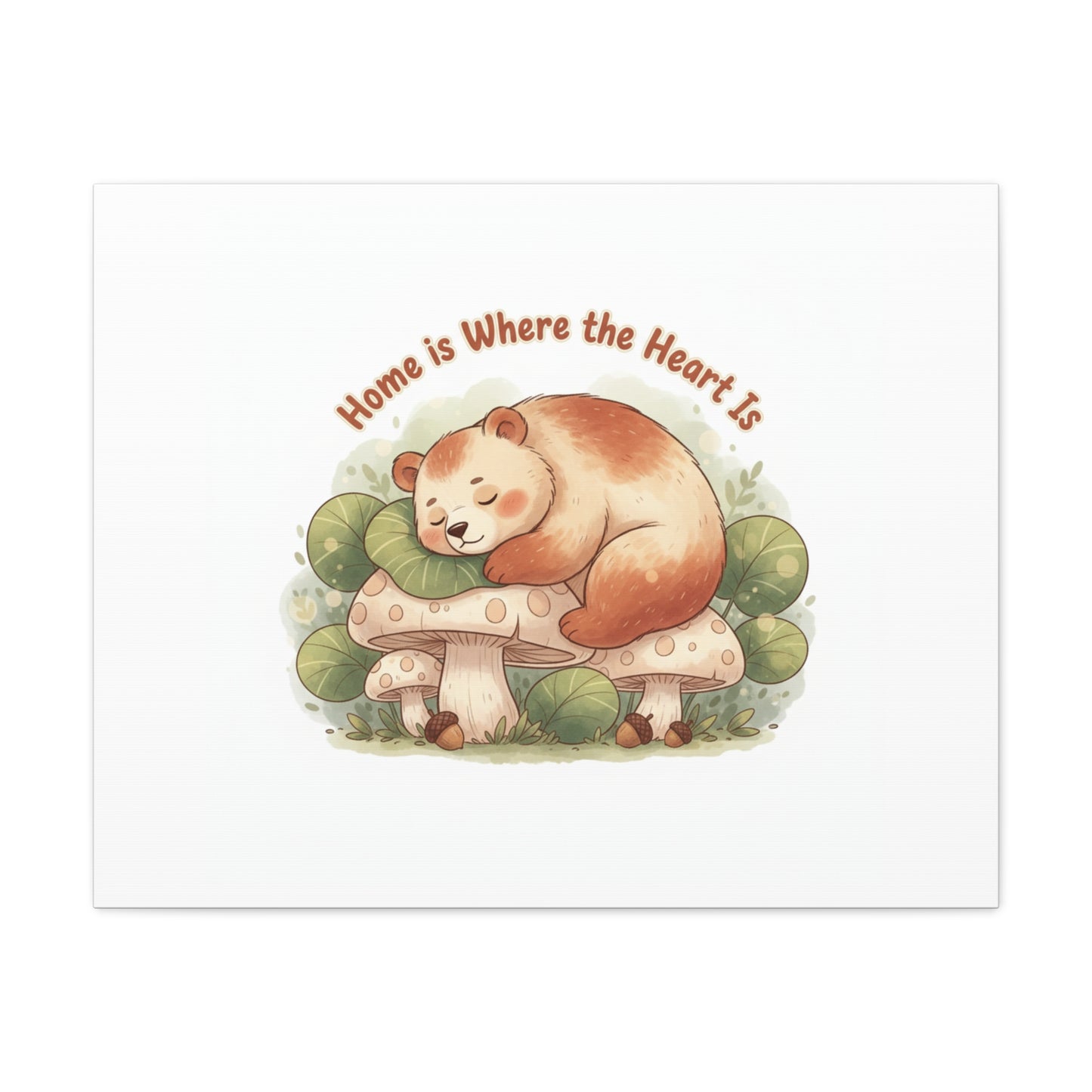 Cozy Sleeping Bear Canvas, winter forest art | cute animal illustration