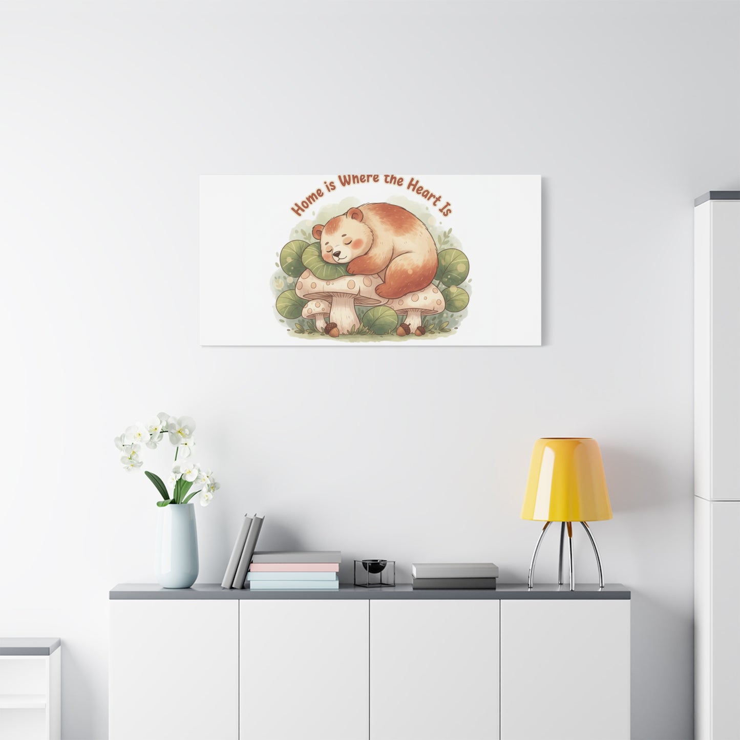 Cozy Sleeping Bear Canvas, winter forest art | cute animal illustration