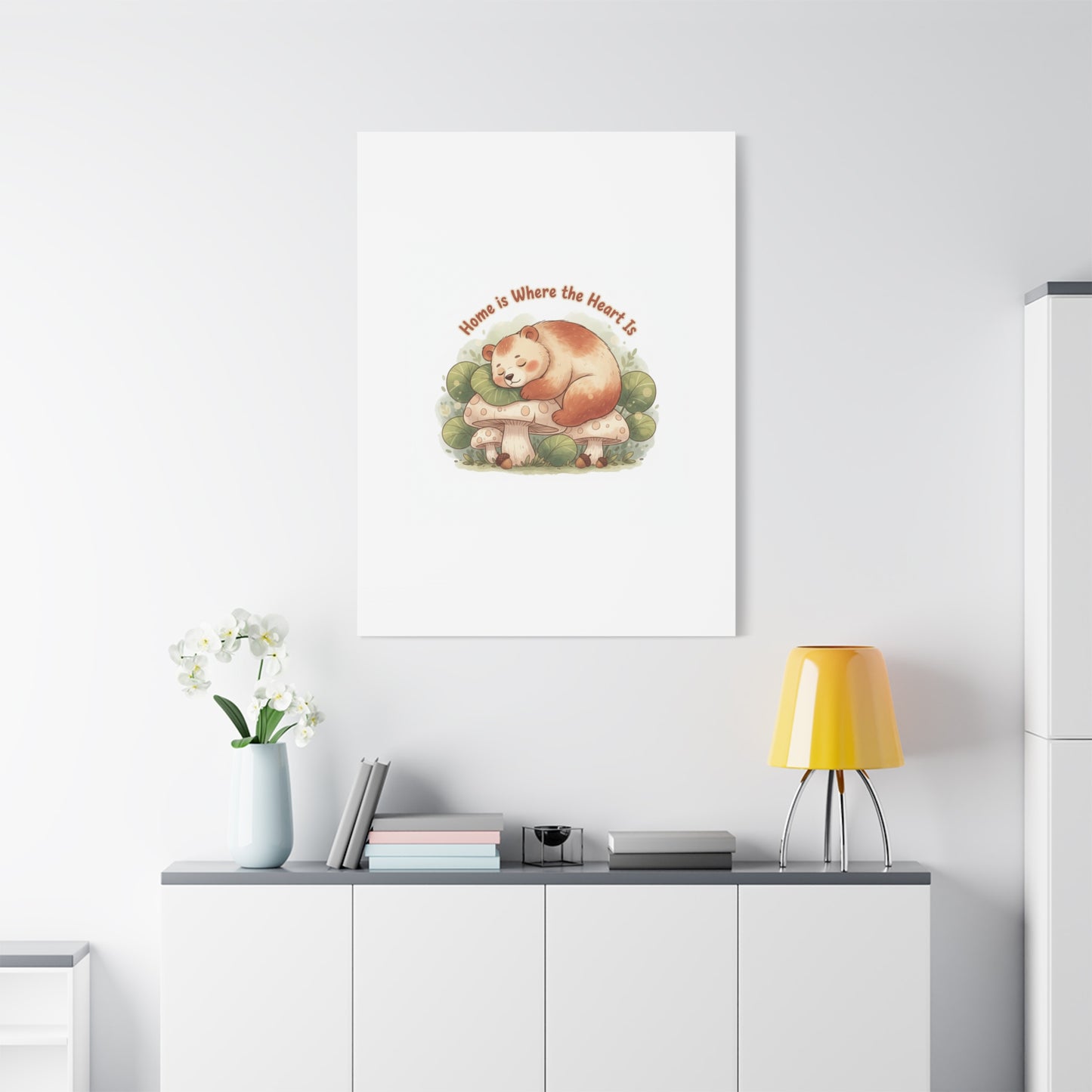 Cozy Sleeping Bear Canvas, winter forest art | cute animal illustration