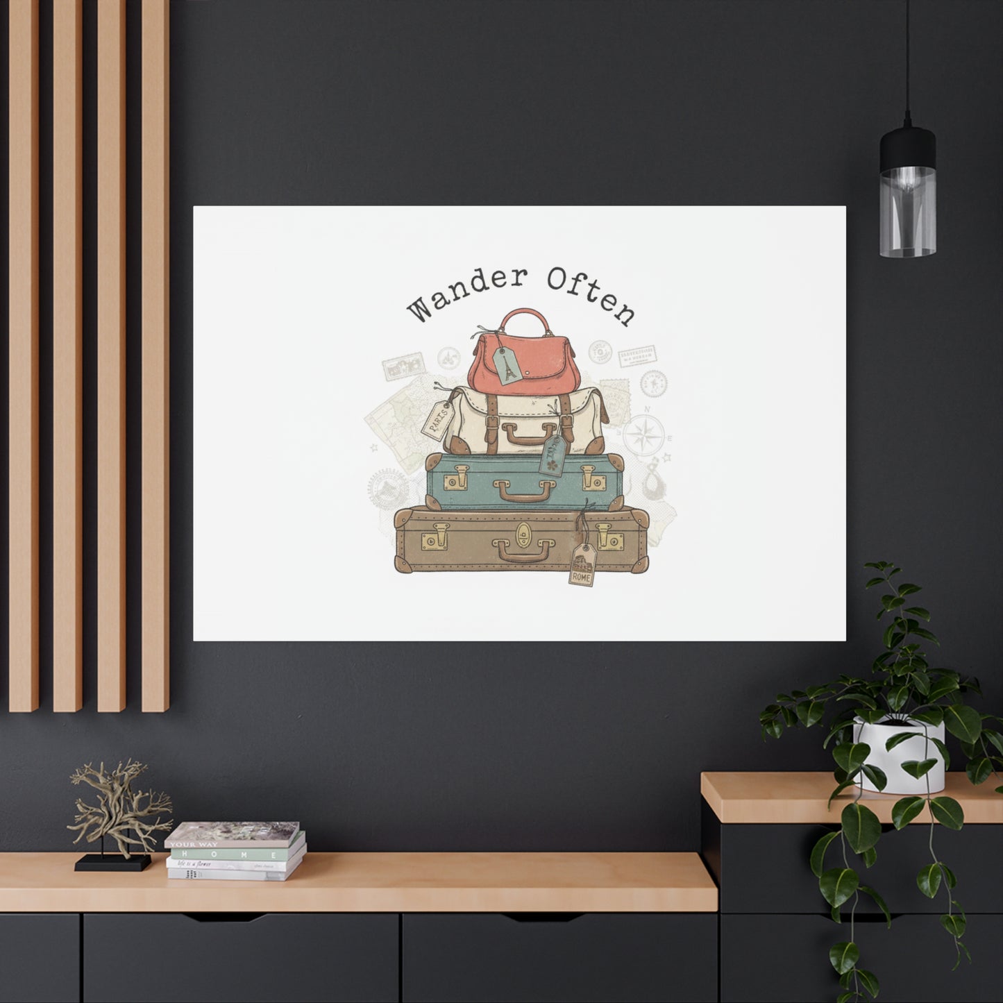 Wander Often Vintage Luggage Stack Canvas, travel stamps | passport stamp wanderlust