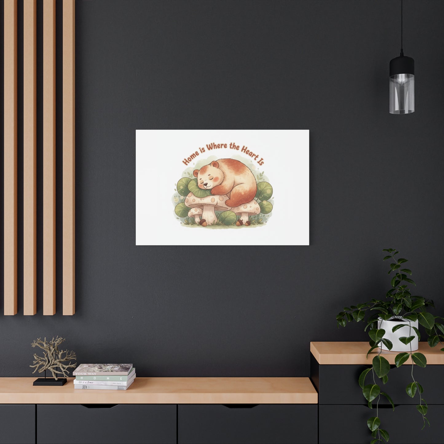 Cozy Sleeping Bear Canvas, winter forest art | cute animal illustration