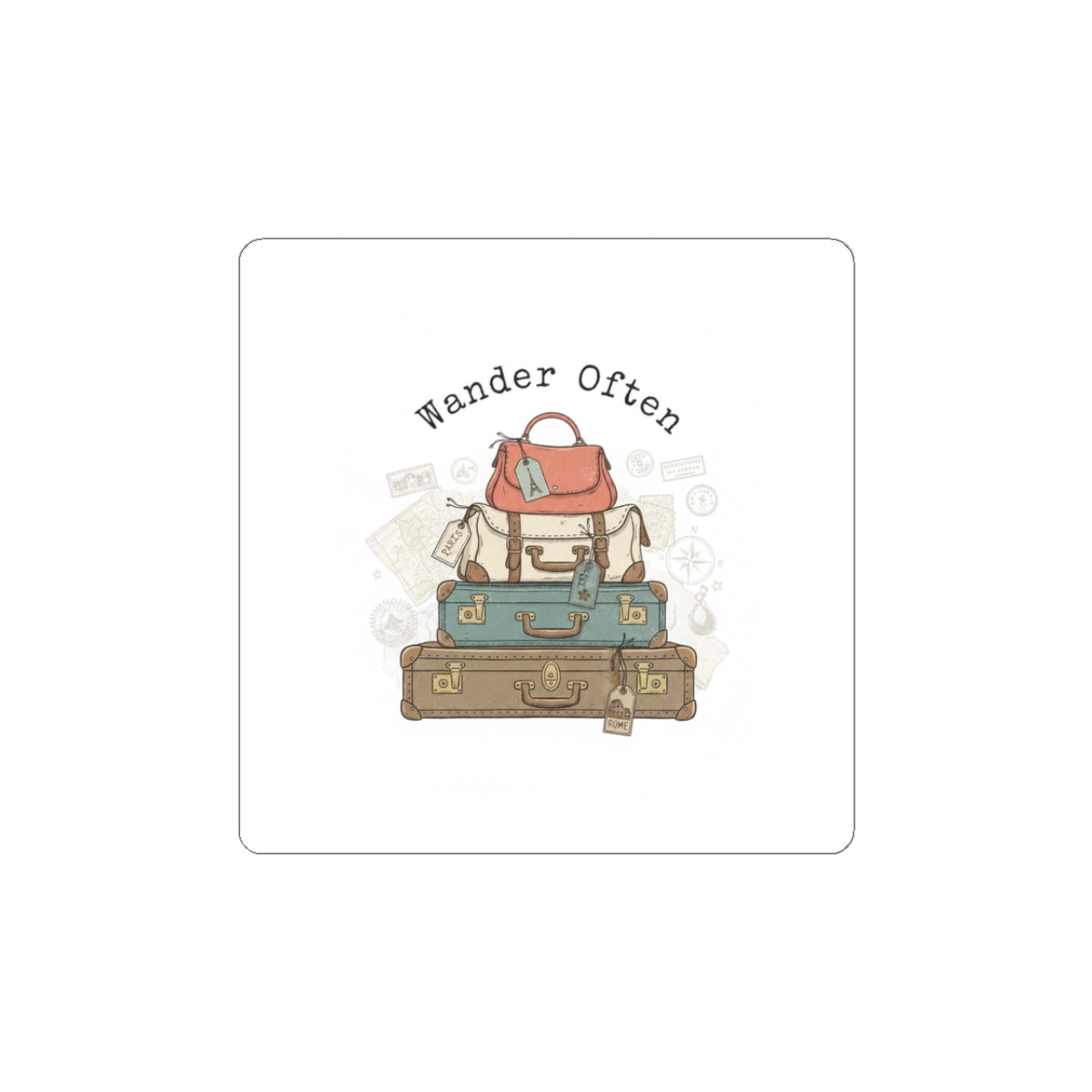 Wander Often vintage luggage stack Kiss-Cut Stickers | travel stamps, postcard nostalgia