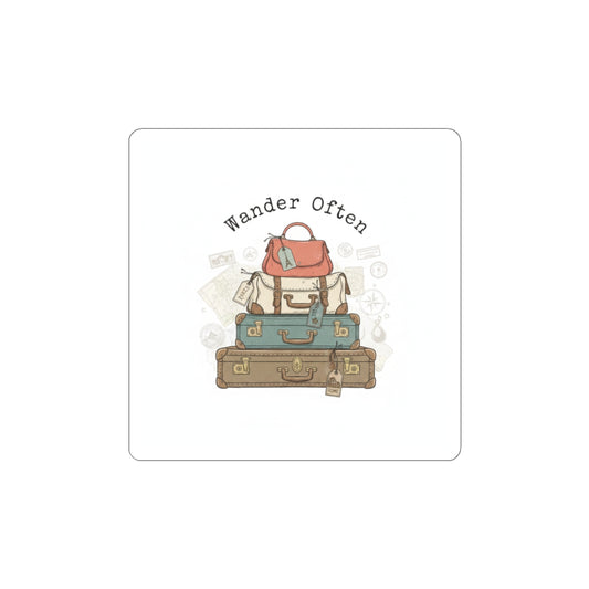 Wander Often vintage luggage stack Kiss-Cut Stickers | travel stamps, postcard nostalgia