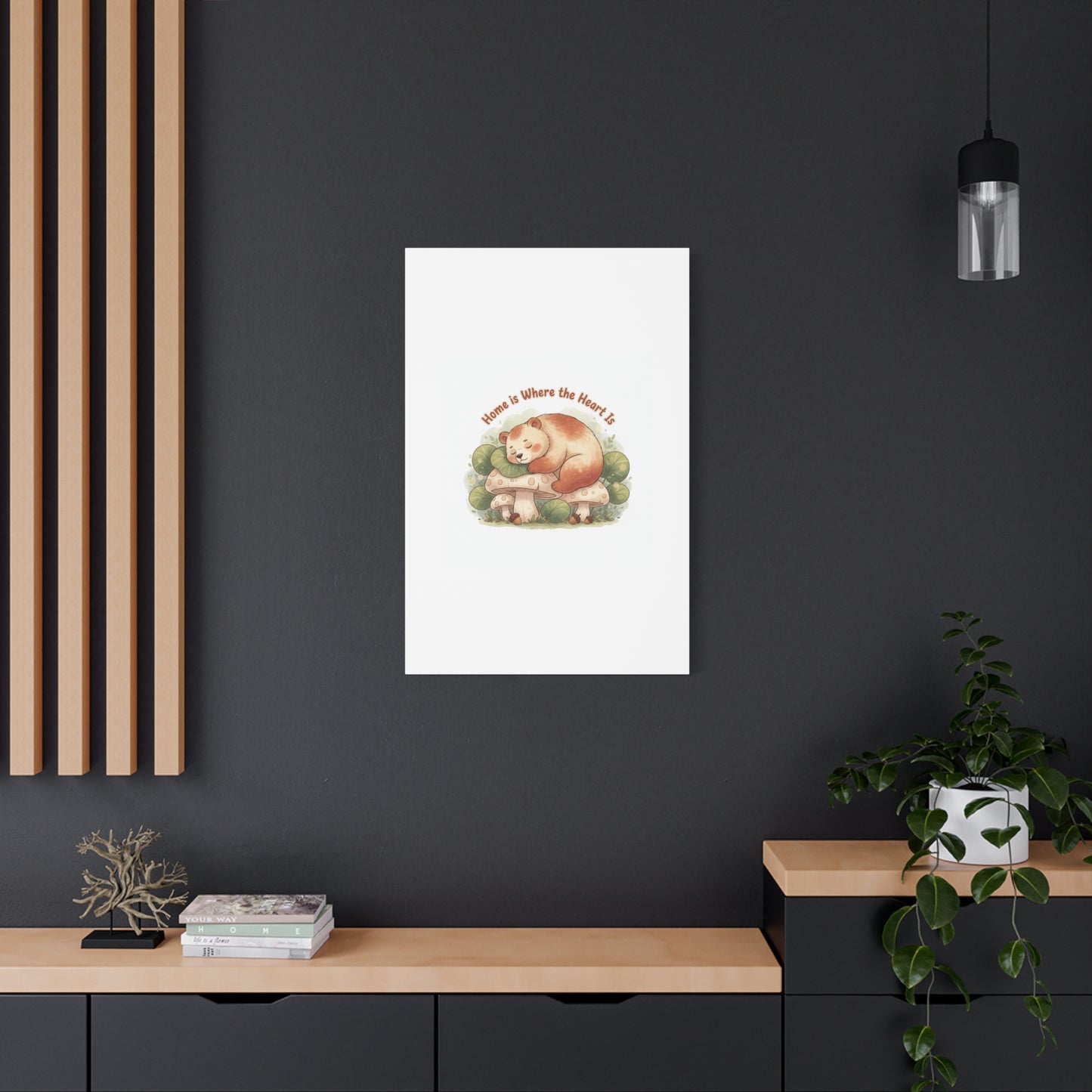 Cozy Sleeping Bear Canvas, winter forest art | cute animal illustration