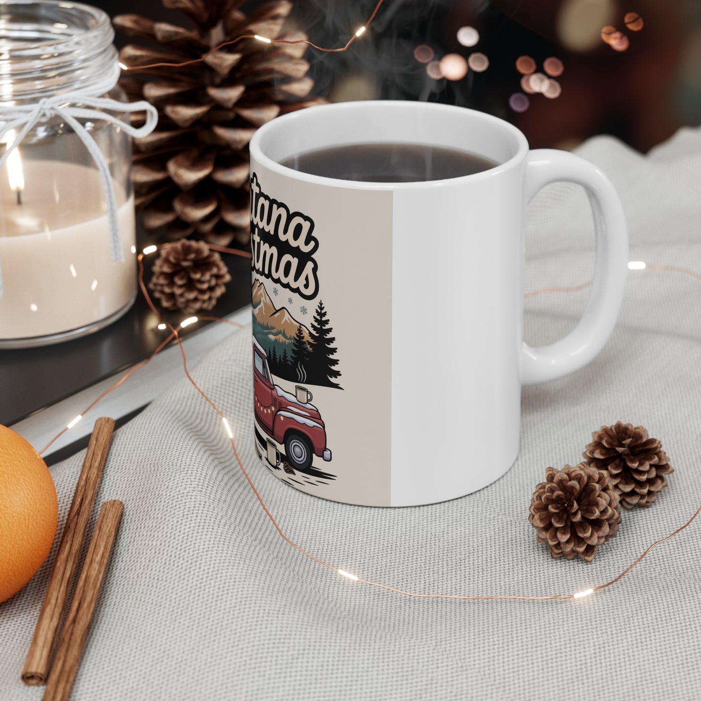 Montana Christmas Mug - Vintage Red Truck with Tree & Mountain Holiday Coffee Cup
