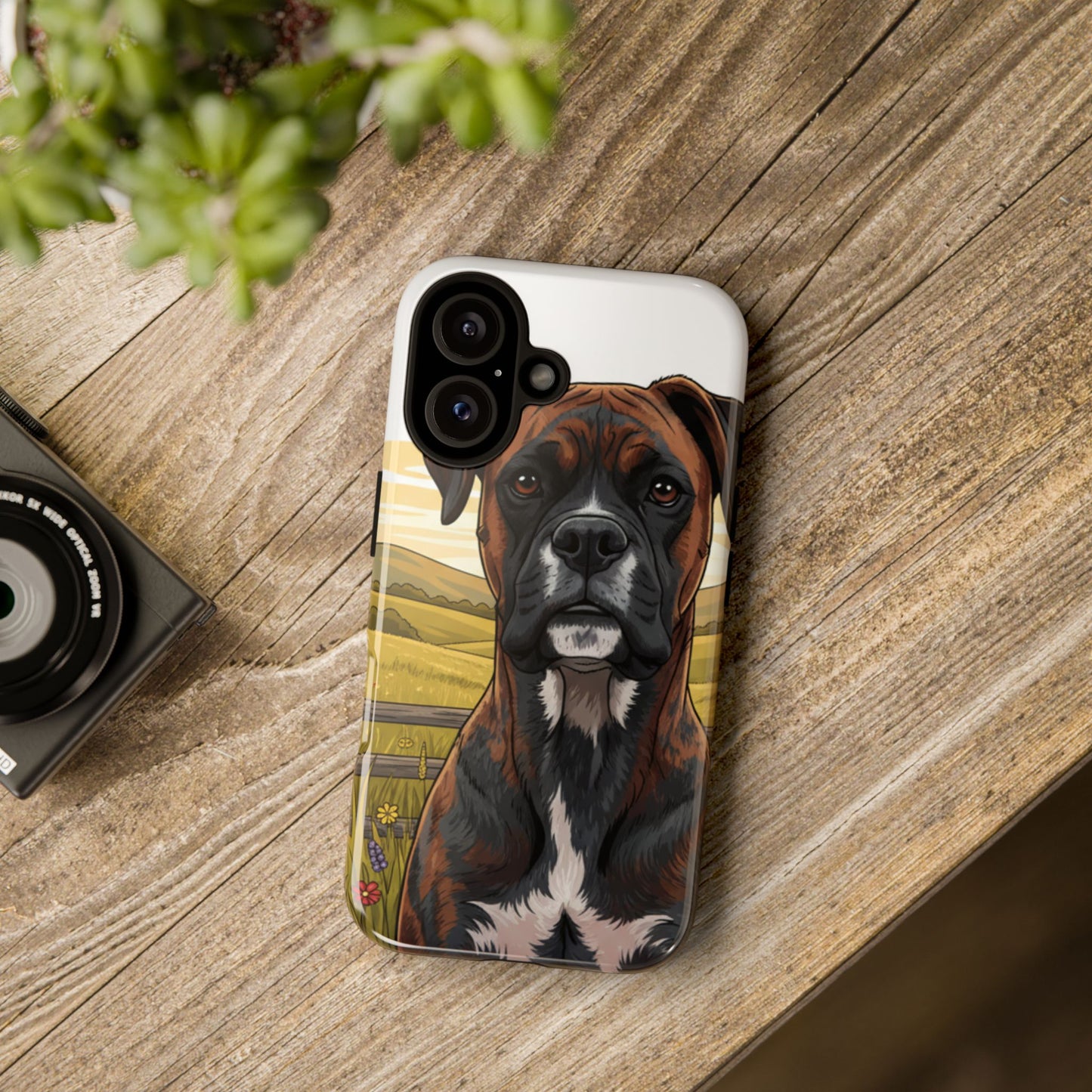 Boxer Dog Phone Case — Protective Tough Case with Rustic Countryside Illustration