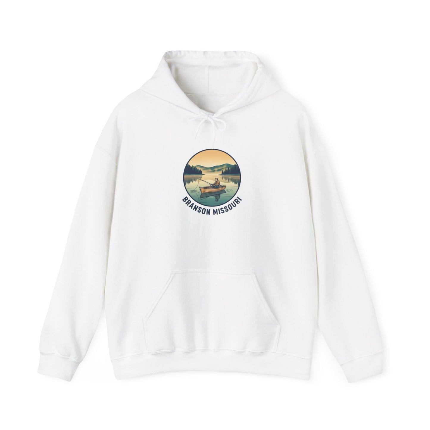 Branson Missouri Lake Sunset Hoodie — Vintage Fishing Cabin Graphic