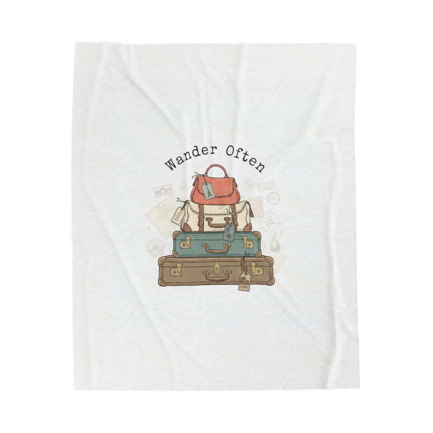 Wander Often vintage luggage stack Velveteen Blanket | travel stamps, postcard vintage