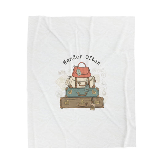 Wander Often vintage luggage stack Velveteen Blanket | travel stamps, postcard vintage