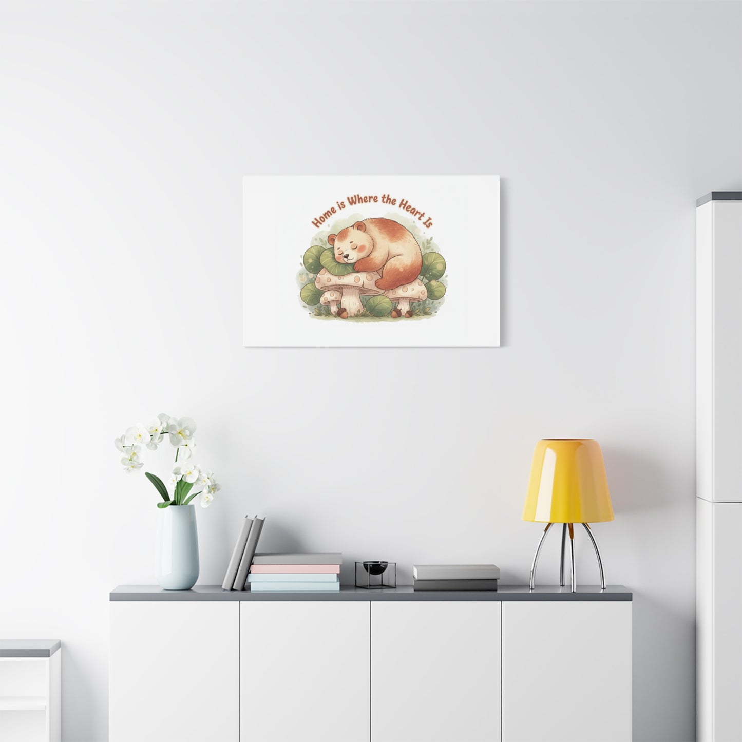 Cozy Sleeping Bear Canvas, winter forest art | cute animal illustration