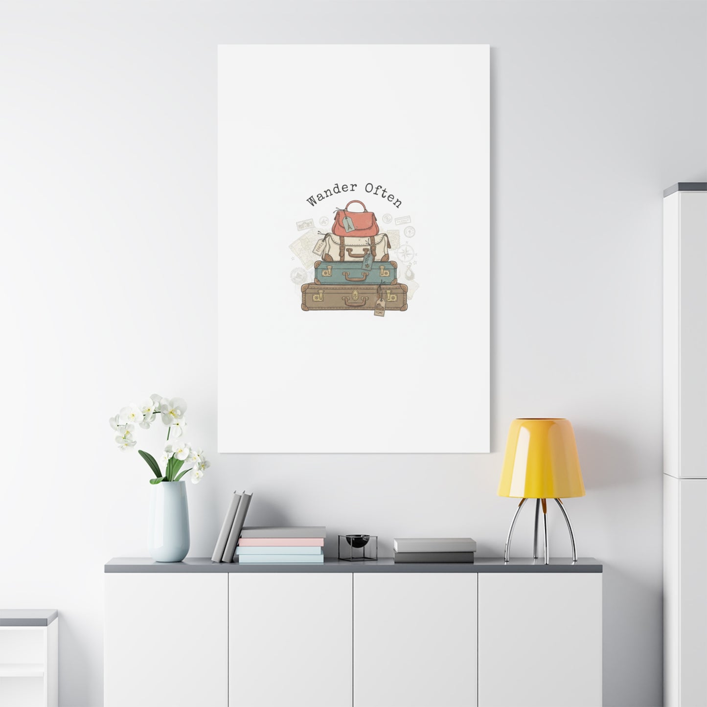 Wander Often Vintage Luggage Stack Canvas, travel stamps | passport stamp wanderlust