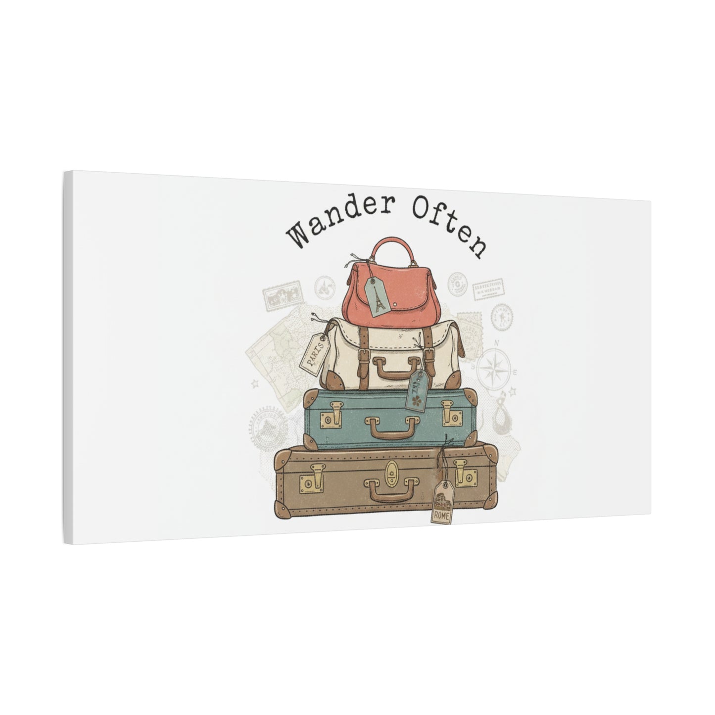 Wander Often Vintage Luggage Stack Canvas, travel stamps | passport stamp wanderlust