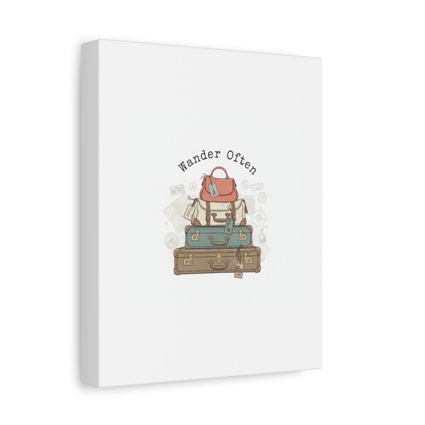 Wander Often Vintage Luggage Stack Canvas, travel stamps | passport stamp wanderlust