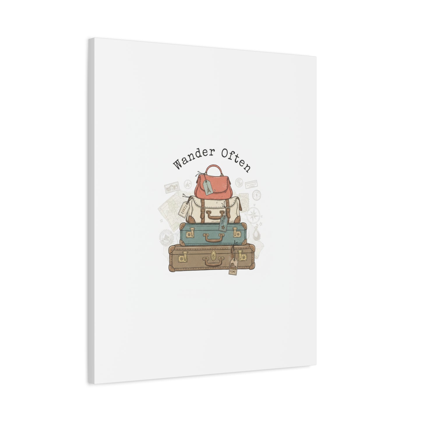 Wander Often Vintage Luggage Stack Canvas, travel stamps | passport stamp wanderlust