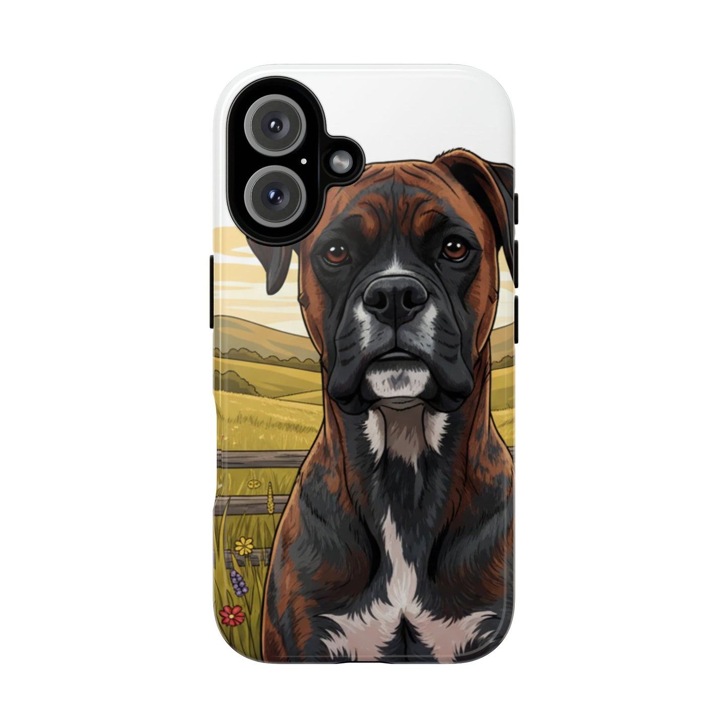 Boxer Dog Phone Case — Protective Tough Case with Rustic Countryside Illustration