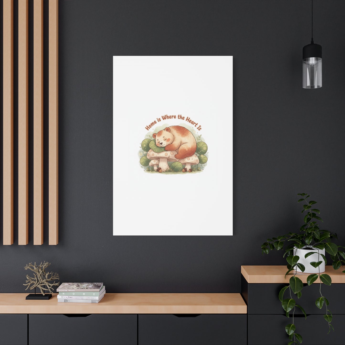 Cozy Sleeping Bear Canvas, winter forest art | cute animal illustration