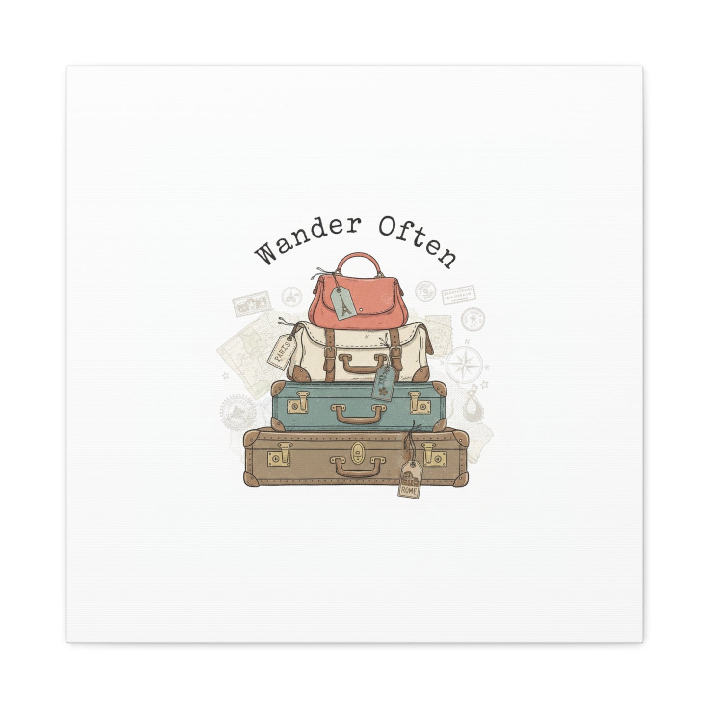 Wander Often Vintage Luggage Stack Canvas, travel stamps | passport stamp wanderlust