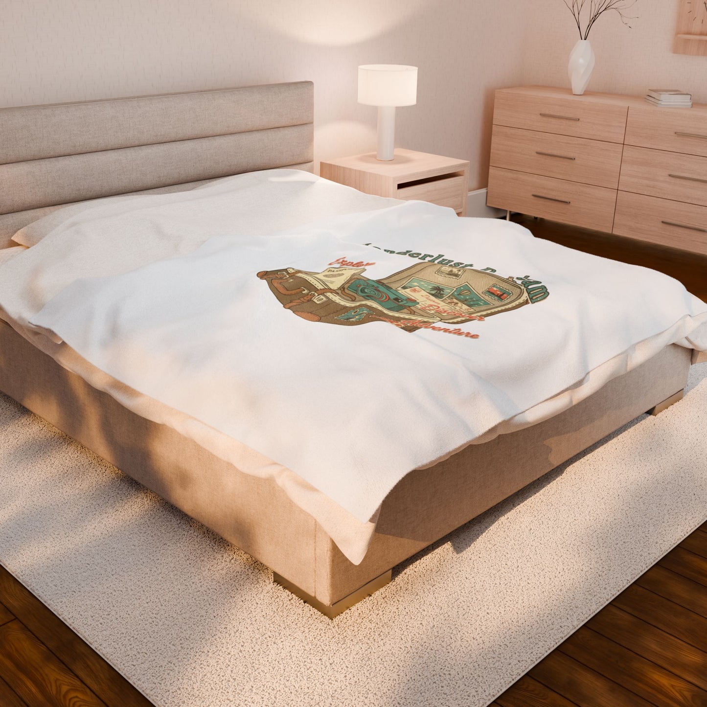 Wanderlust Daydream suitcase design Velveteen Blanket | retro travel, passport stamp vibes