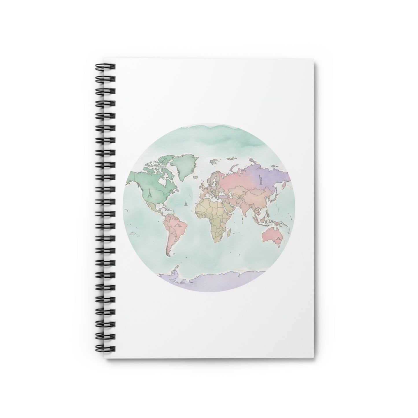 World Map Spiral Notebook — Pastel Watercolor Travel Journal (Ruled)